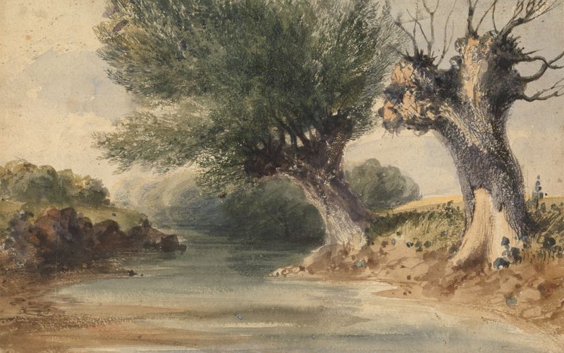 On the Colne, Middlesex by John Preston Neale, oil on canvas depicting a serene river landscape.