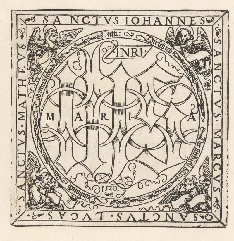 Monogram van Christus de Albrecht Dürer, meio papel, apresentando um monograma intrincado e elementos religiosos.