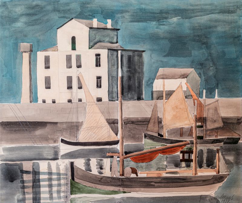 Haven van Oostende by Jean Brusselmans, oil on canvas depicting a tranquil harbor at twilight.