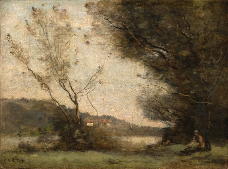 By the River, óleo sobre lienzo de Jean-Baptiste-Camille Corot, que representa un río sereno con luz filtrada.