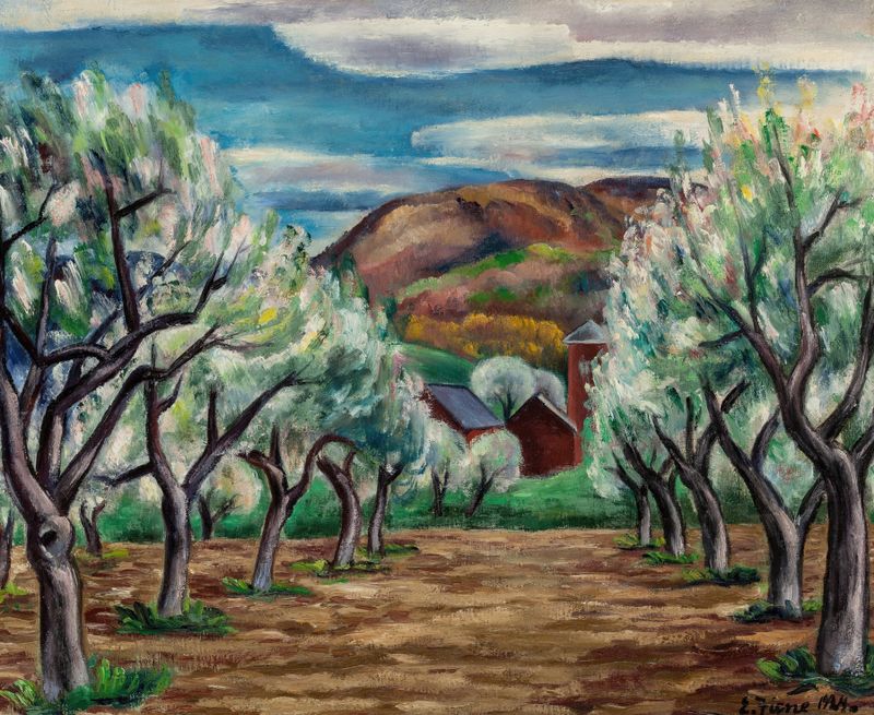 Paisagem de pomar com maçãs por Ernest Fiene em Post-Impressionismo