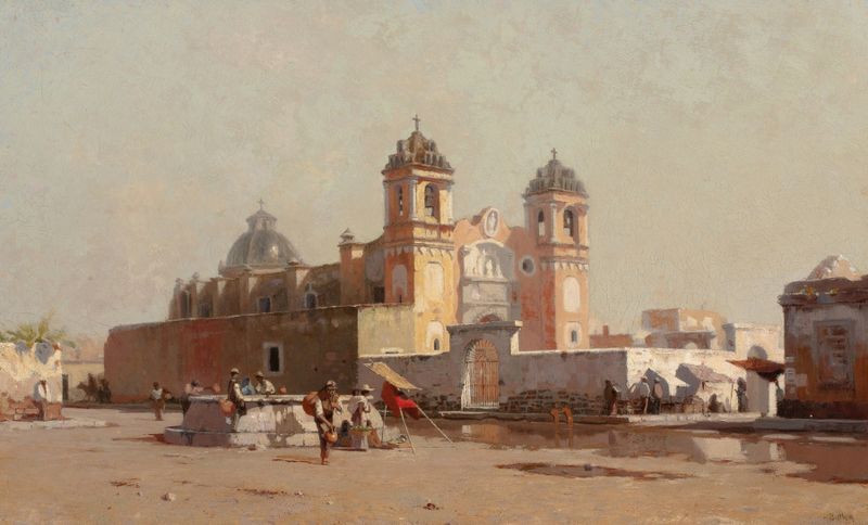 Church of Santa Anna in Mexico by Howard Russell Butler, oil painting depicting a church at sunset.