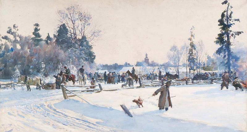 Landscape depicting a serene moment before a hunt, oil painting by Julian Falat
