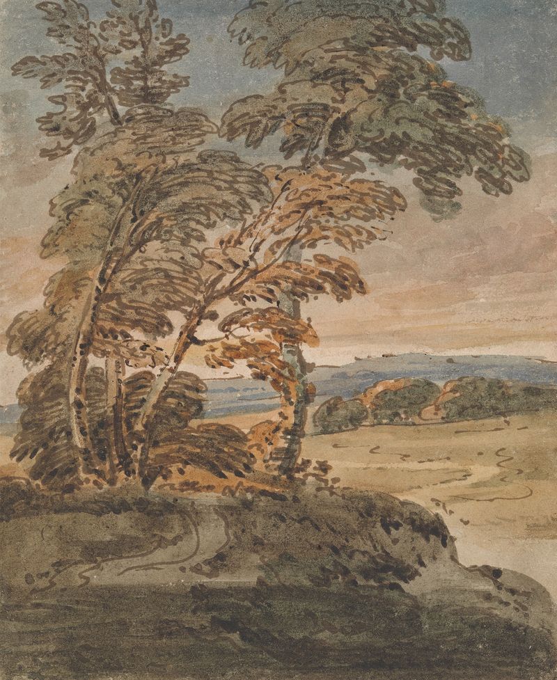 Árvores em um caminho de colina, óleo sobre tela de George Chinnery
