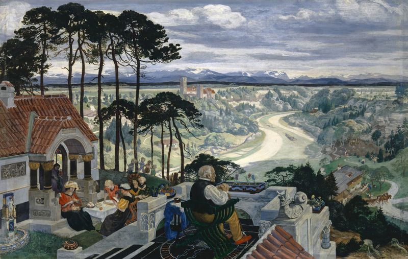 German Landscape (Isar Landscape) by Albert Welti, oil painting depicting hills and a river.