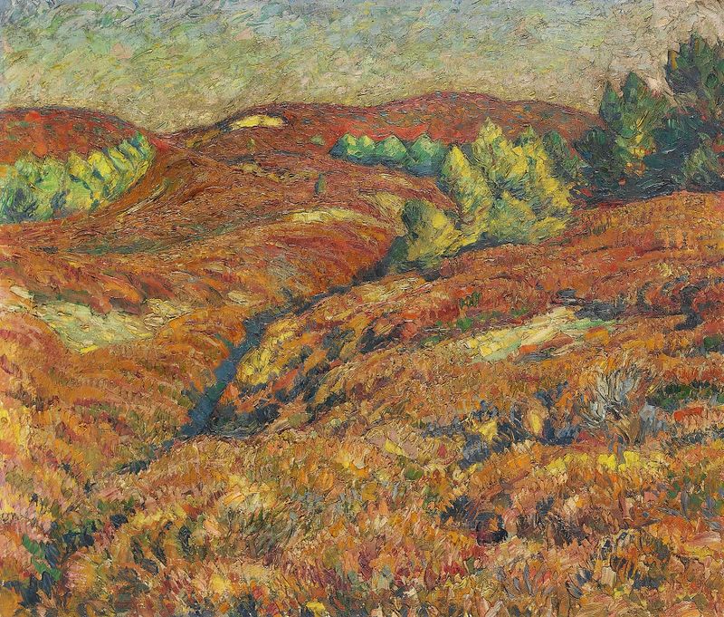 Paisaje con un campo dorado y horizonte apagado de Georg Burmester, pintura al óleo