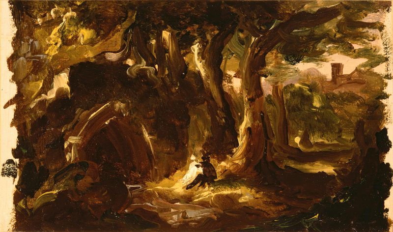 Paisagem arborizada com figuras, pintura a óleo de Thomas Cole
