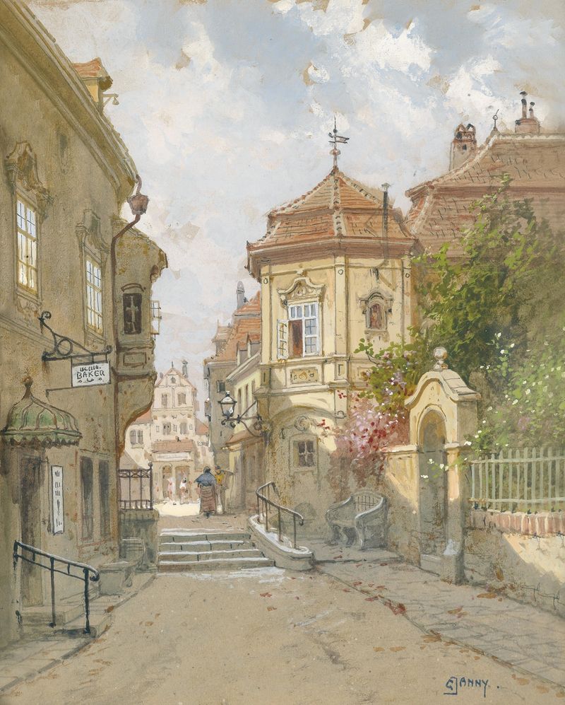 Kleines Stadtpalais de Georg Janny, óleo sobre lienzo, que representa un palacio urbano con tonos pastel