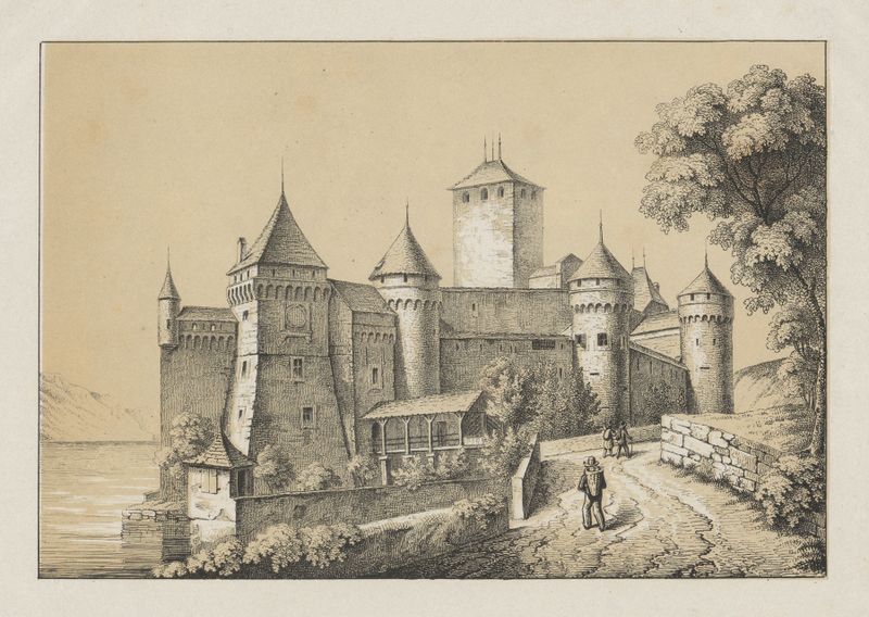 Chillon by Johann Friedrich Wagner, oil painting depicting a castle by a lake with reflections and light.