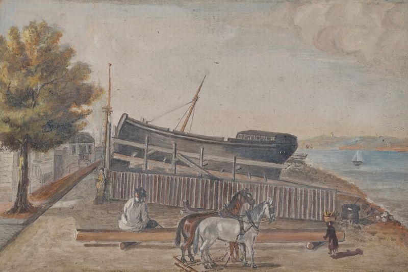 Marine scene with ships at dock during sunset, oil painting by William P. Chappel