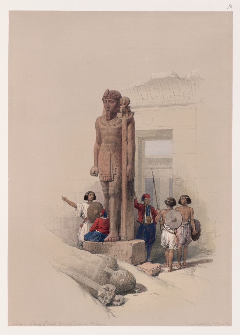 Estátua colosal em paisagem desértica, óleo sobre tela de David Roberts