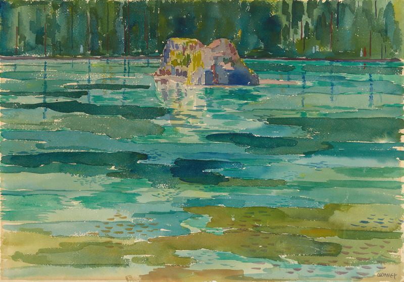 Badersee by Walter Ophey, oil on canvas depicting a tranquil lake with foliage reflections.