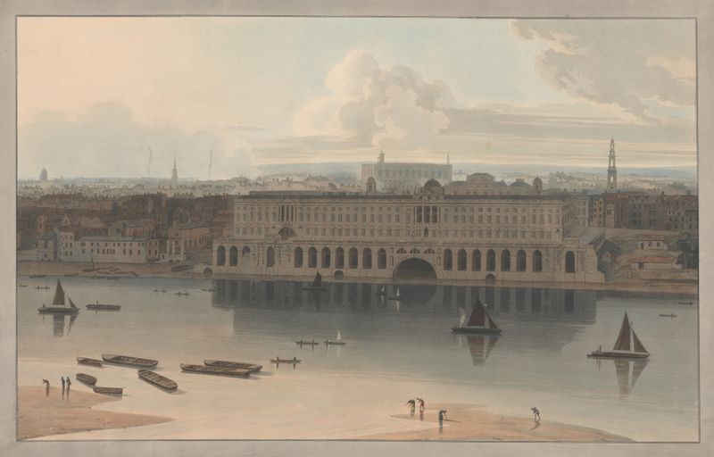 Somerset House by William Daniell, watercolor on paper depicting a river and architecture.