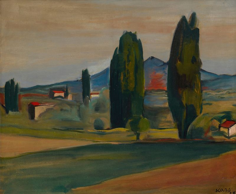 Pintura al óleo de Georges Kars que muestra un paisaje tranquilo con un vasto cielo azul.