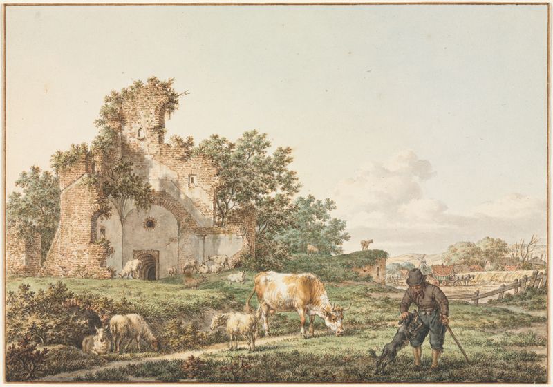 Pastoral landscape with a ruin, oil on canvas by Jacob Cats
