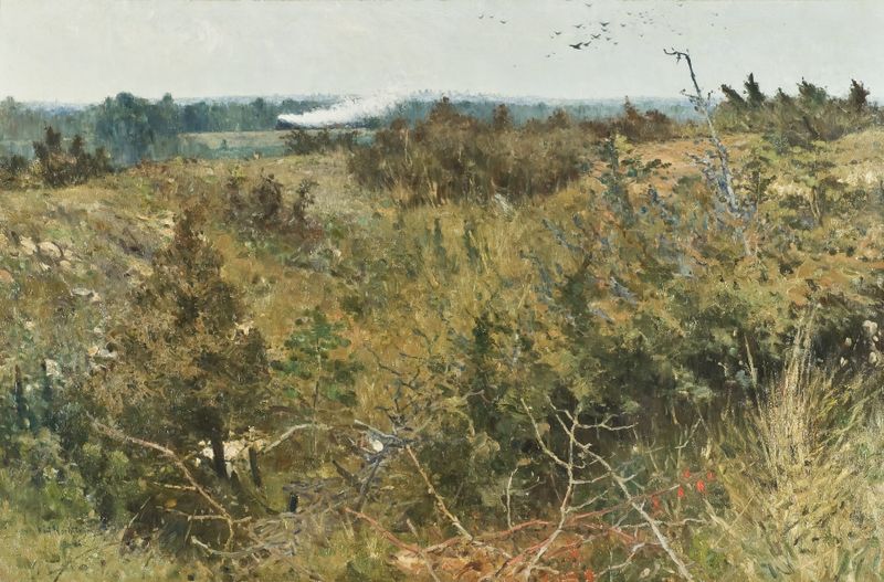 Paisaje de Grez-sur-Loing de Karl Nordström, pintura al óleo con follaje exuberante y luz solar.