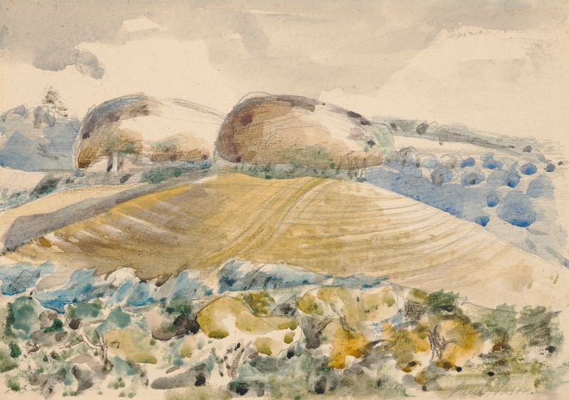 Landscape of the Wittenham Clumps by Paul Nash, oil on canvas depicting emerald hills and nature.