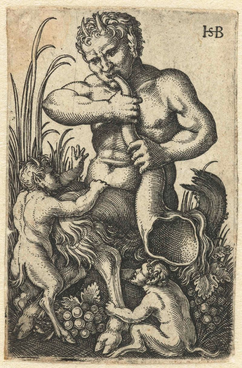 Grabado de un sátiro sosteniendo un cuerno, de Hans Sebald Beham