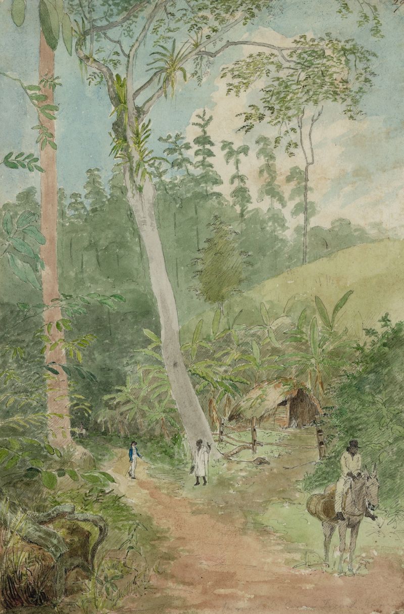 Escena de género con figuras cerca de un platanero, óleo de William Berryman