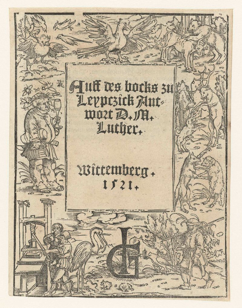 Gravura figurativa em papel de Cranach atelier mostrando um caçador com pássaros e animais