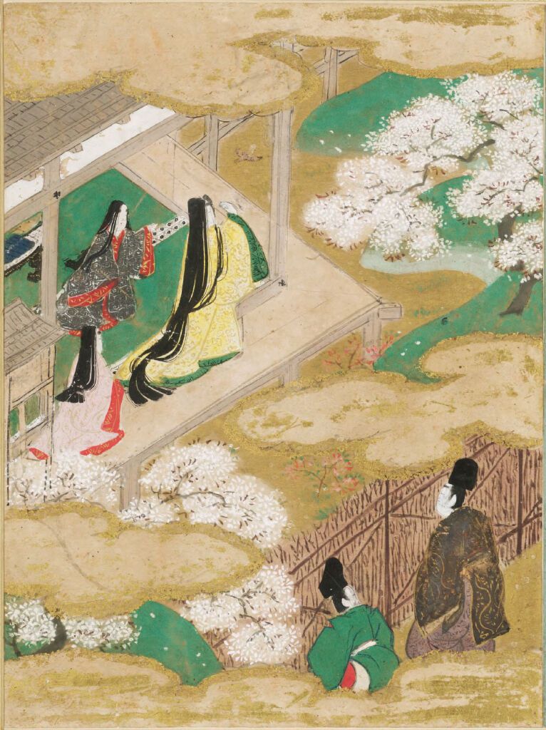 Young Murasaki, una ilustración dorada de Tosa Mitsunobu, con una figura en atuendo de seda.