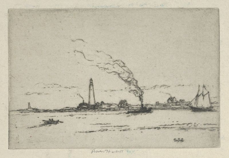 Acuarela de Ernest Haskell que representa un faro al atardecer