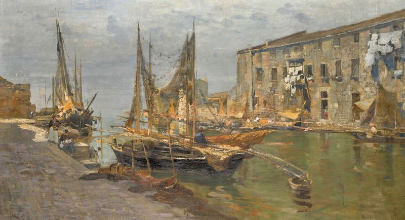 Canal In Venice by Guglielmo Ciardi, oil on canvas depicting twilight reflections on water