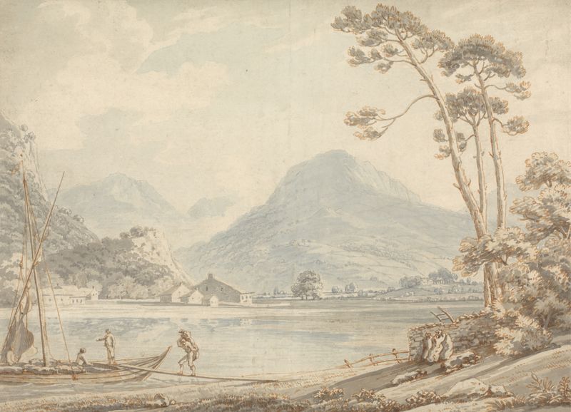 Landscape at Ambleside, oil painting by Thomas Sunderland, featuring hills and clouds.