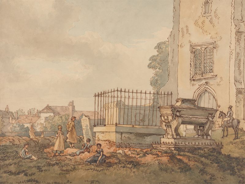 Watercolour by William Henry Hunt depicting tombs in a green churchyard