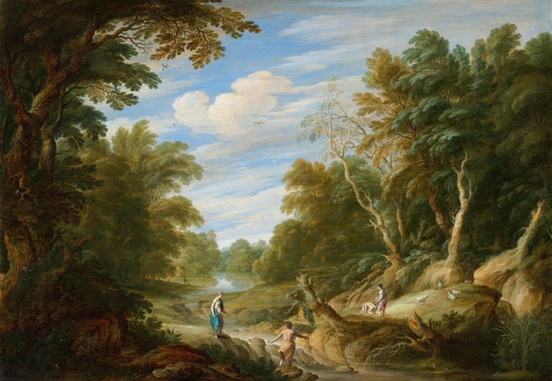 Wooded landscape with figures, oil on canvas by Cornelis van Poelenburch
