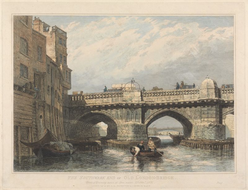 The Southwark End of Old London Bridge, oil on canvas by Edward William Cooke