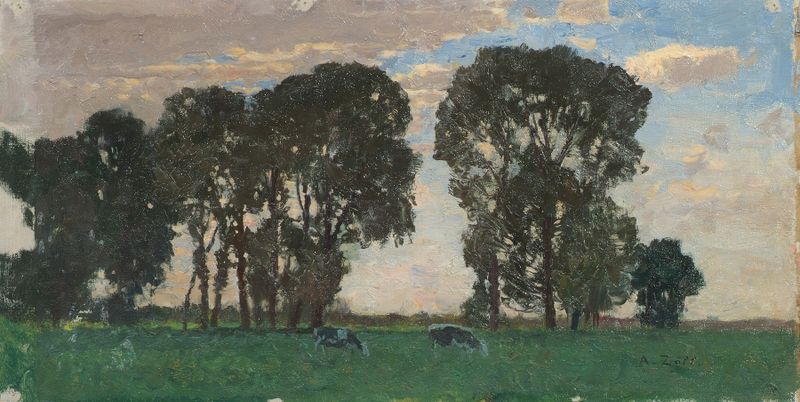 Langenpreising, Viehweide mit großen Bäumen de Alfred Zoff, óleo de un prado exuberante con ganado y árboles.