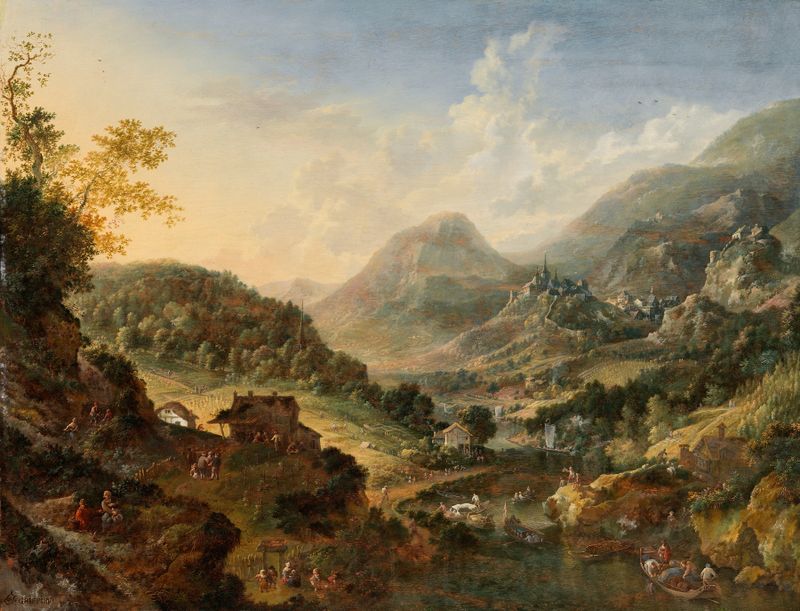 A River Landscape by Jan Griffier, oil painting depicting a serene river scene with lush greenery.