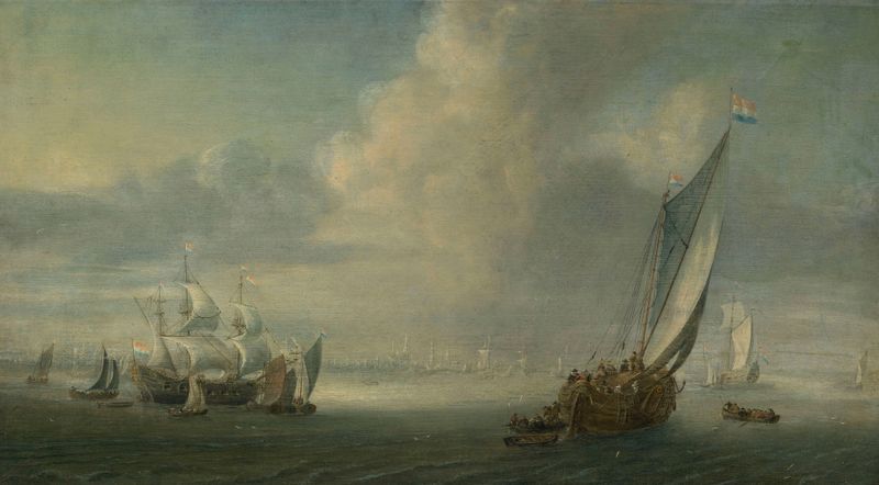 Marine view with a port in the background, pintura a óleo de Abraham de Verwer