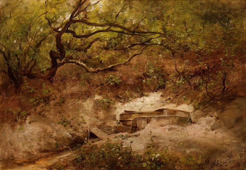 An Apple Tree at a Stream by Maksymilian Gierymski, realism, depicting a lush apple tree by a stream