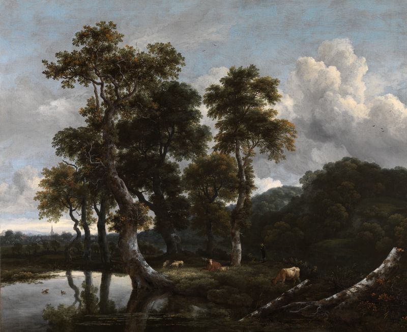Grosse Baumgruppe am Wasser, óleo sobre lienzo de Jacob van Ruisdael, que representa árboles y agua.