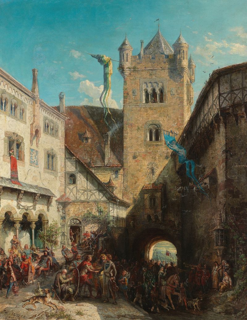 Der Sängerstreit auf der Wartburg, óleo sobre tela de August von Wille