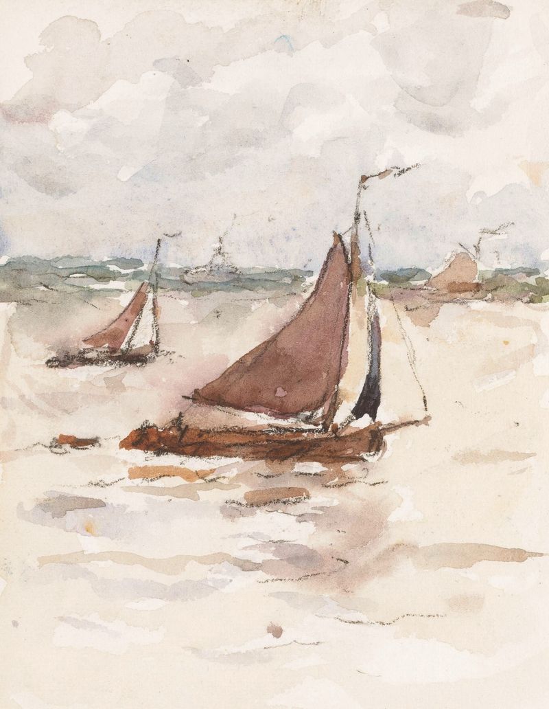 Realism oil painting by Carel Nicolaas Storm van 's-Gravesande depicting fishing boats on a river