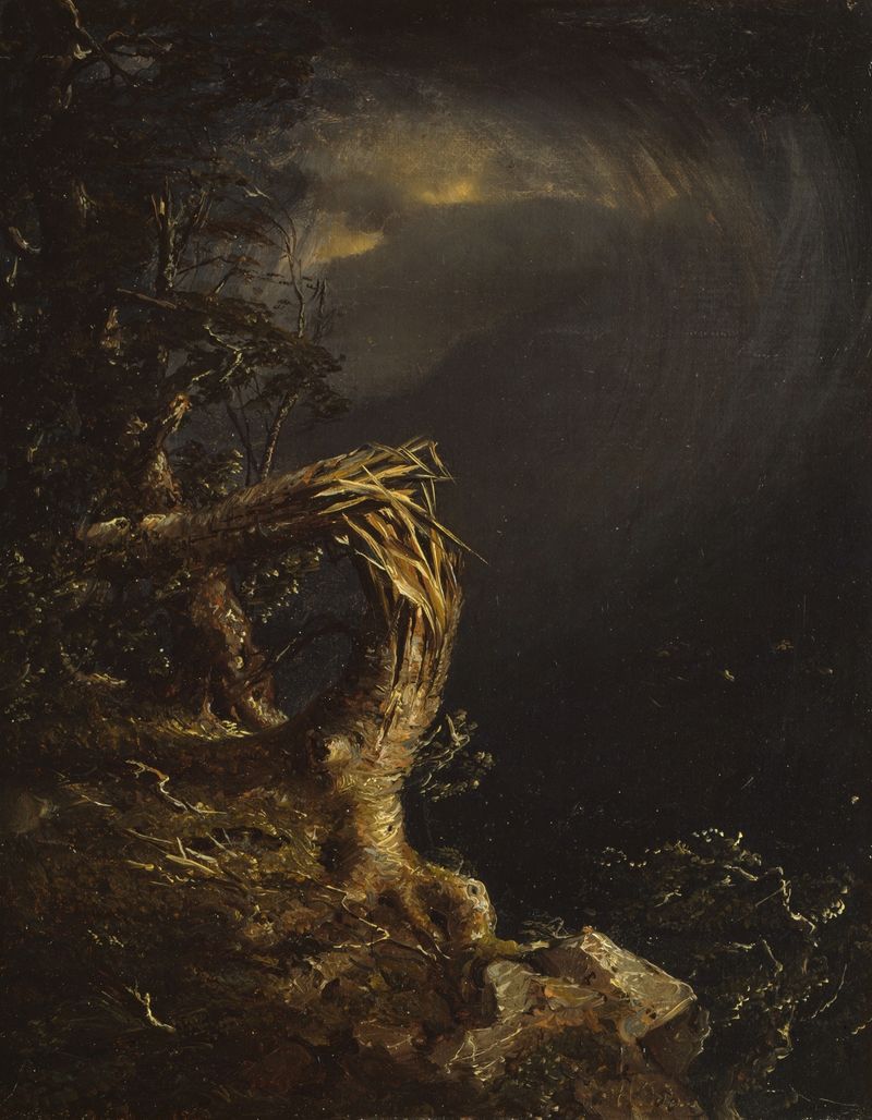 Blasted Tree de Jasper Francis Cropsey, óleo sobre tela mostrando uma árvore retorcida contra um vasto céu.