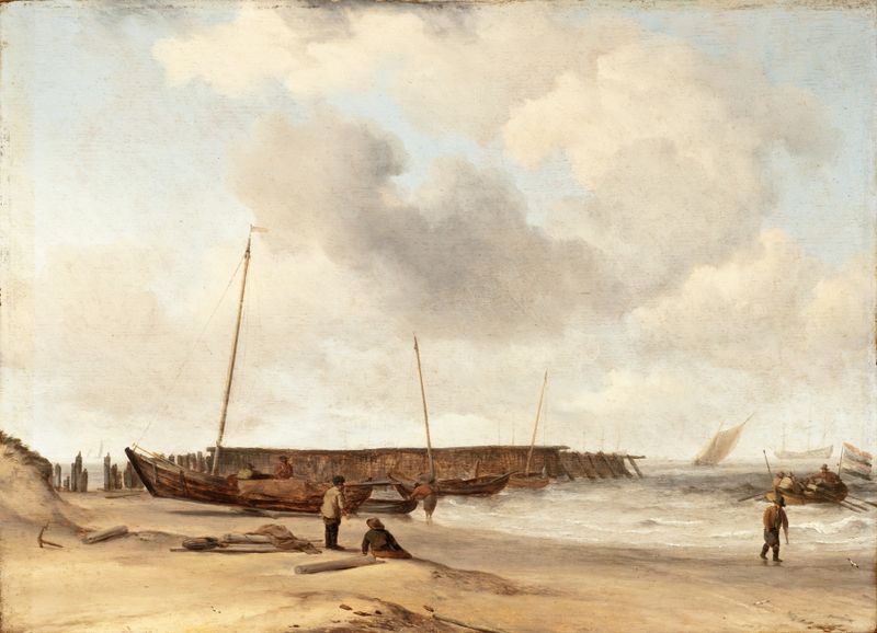 Cena de praia com um barco Weyschuit, óleo sobre tela de Willem van de Velde o Jovem