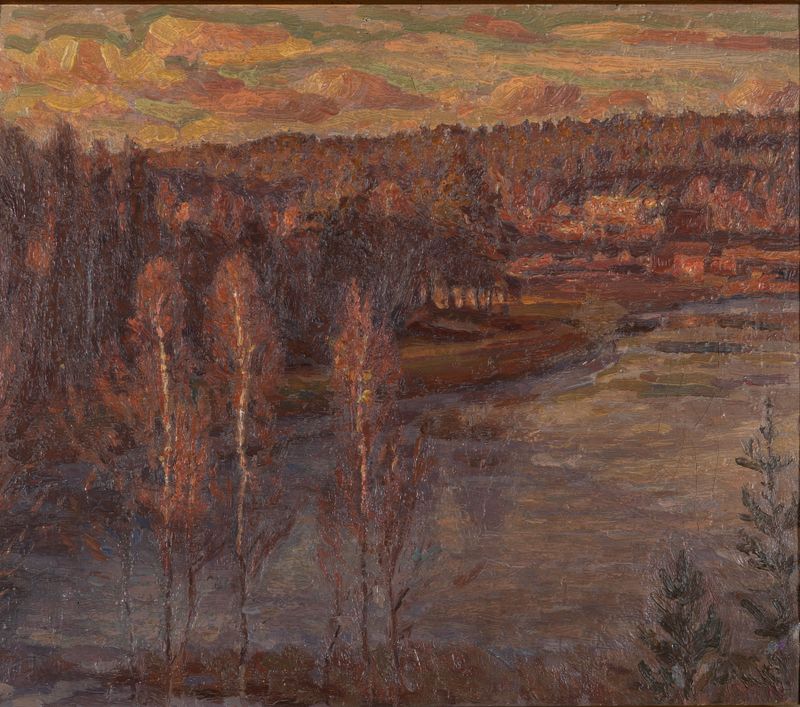 Autumn at Svartån by Herman Norrman, oil on canvas depicting vibrant autumn foliage and a serene river.
