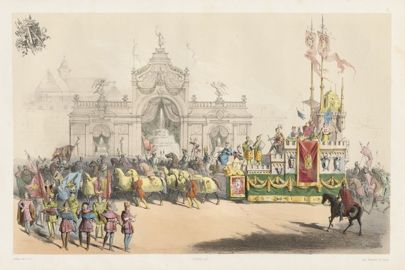Historical scene with regal figures and banners by Jules Helbig, oil painting