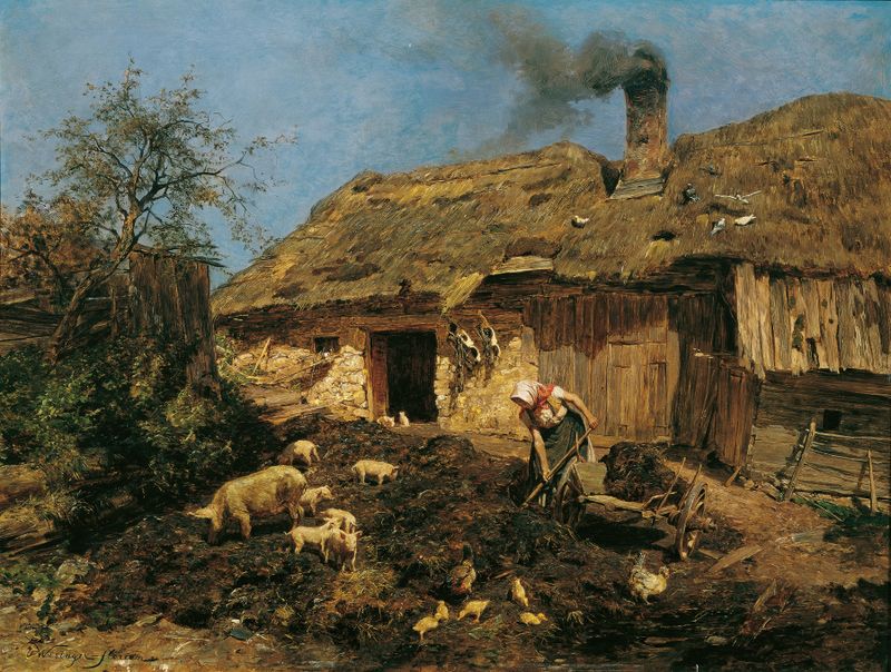 Genre scene depicting farmers working the land, oil painting by Olga Wisinger-Florian