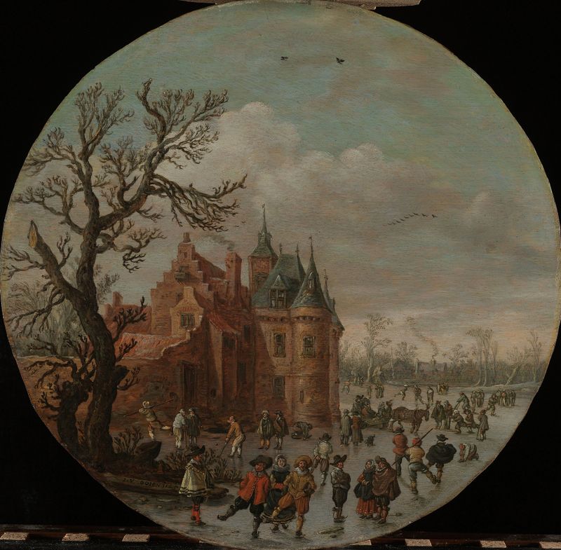 Paisaje invernal óleo de Jan van Goyen con nieve y cielos grises.