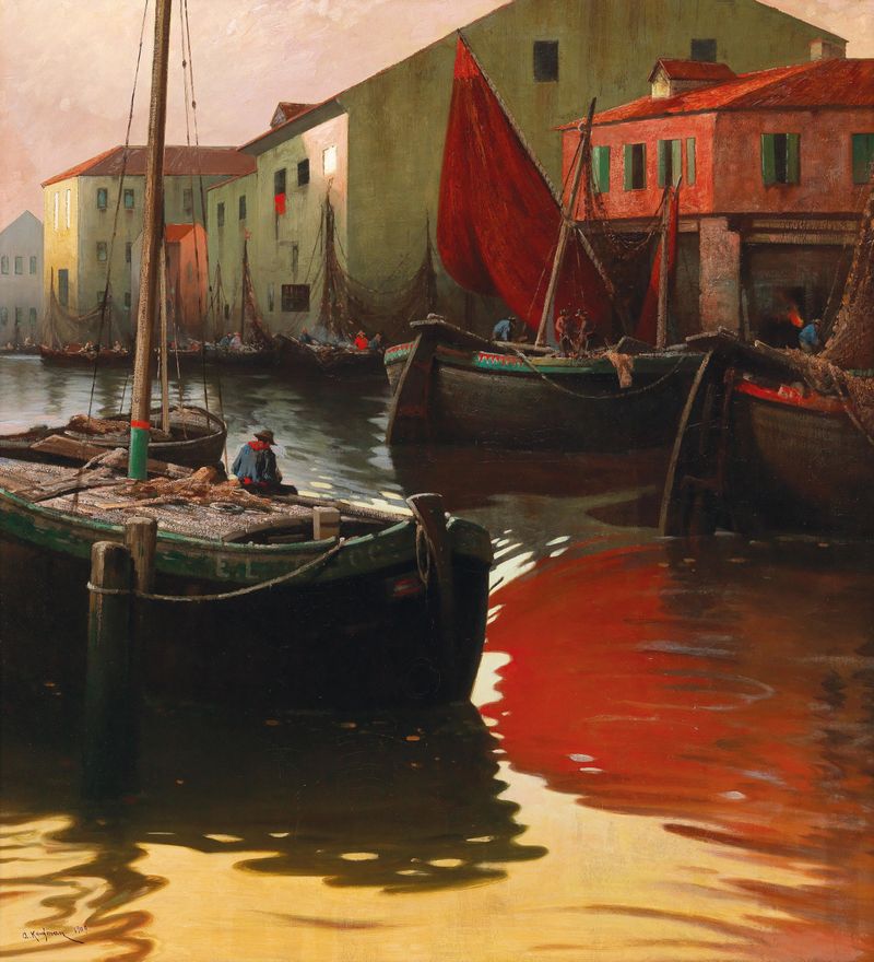 Marine scene depicting Chioggia by Adolf Kaufmann, oil painting