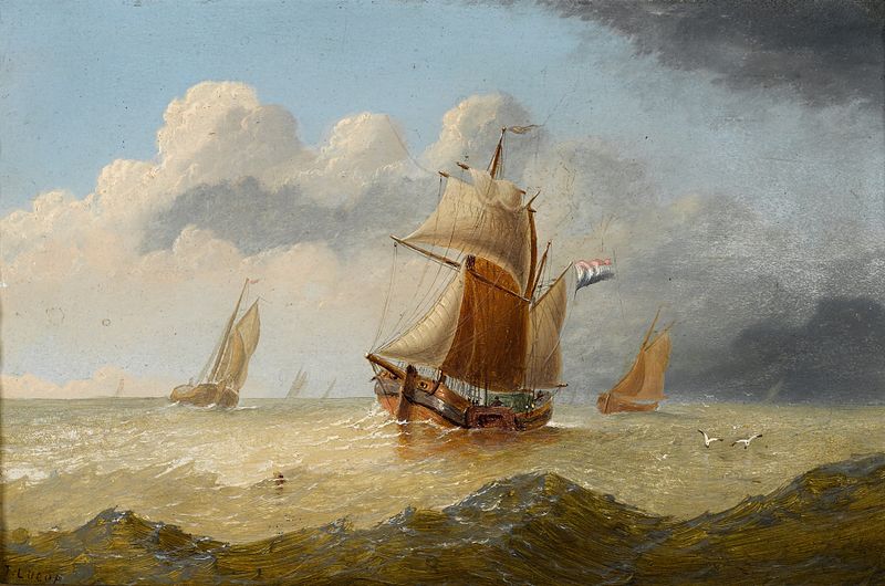 Un brig navegando en el océano al atardecer, pintura al óleo de Thomas Lucop