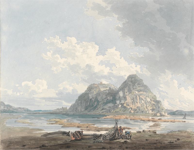 Dumbarton Rock and Castle by Thomas Girtin, oil painting depicting a landscape with a castle.