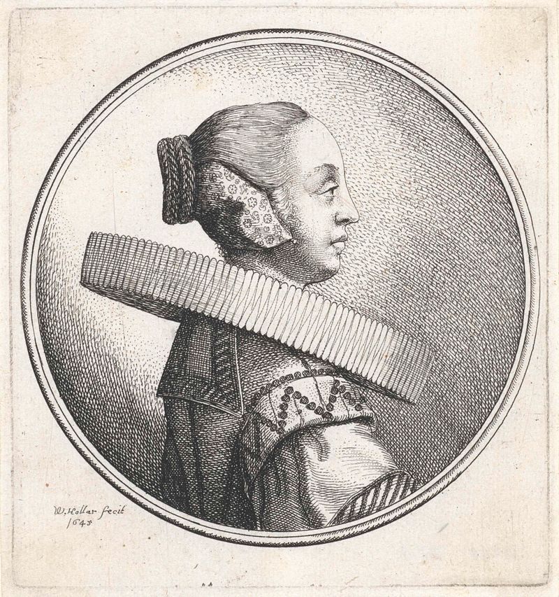 Retrato de una mujer con un collar plisado y un moño trenzado, grabado de Wenceslaus Hollar