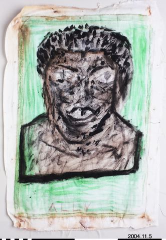 Figurative artwork by Ras Siyabonga on synthetic fabric, depicting a black face with a green background.