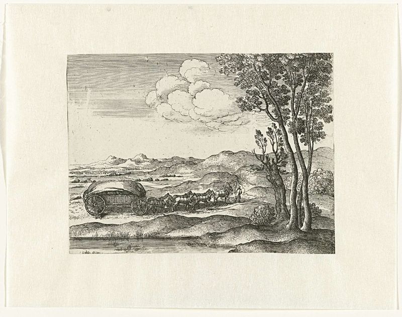 Landschap met wagen voortgetrokken door paarden, grabado de Wenceslaus Hollar que muestra un paisaje rural con caballos y ...
